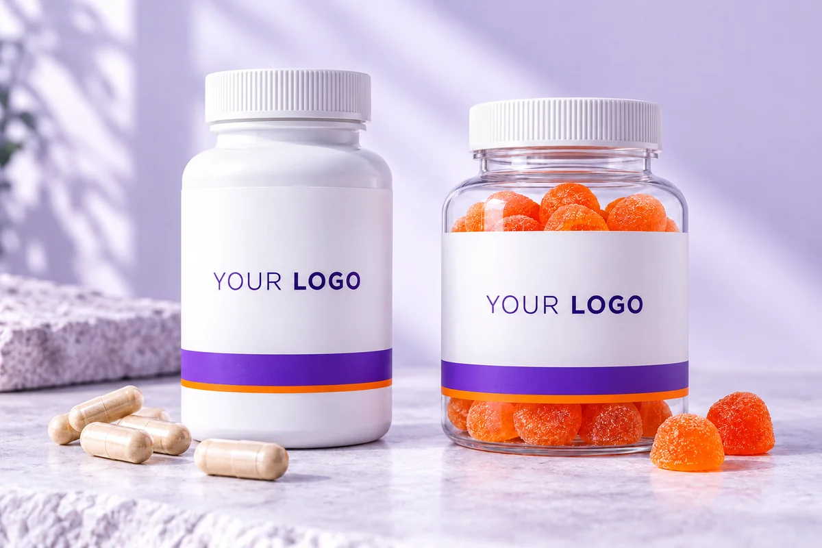 Capsule and gummy bottles in purple and orange YOUR LOGO concept branding