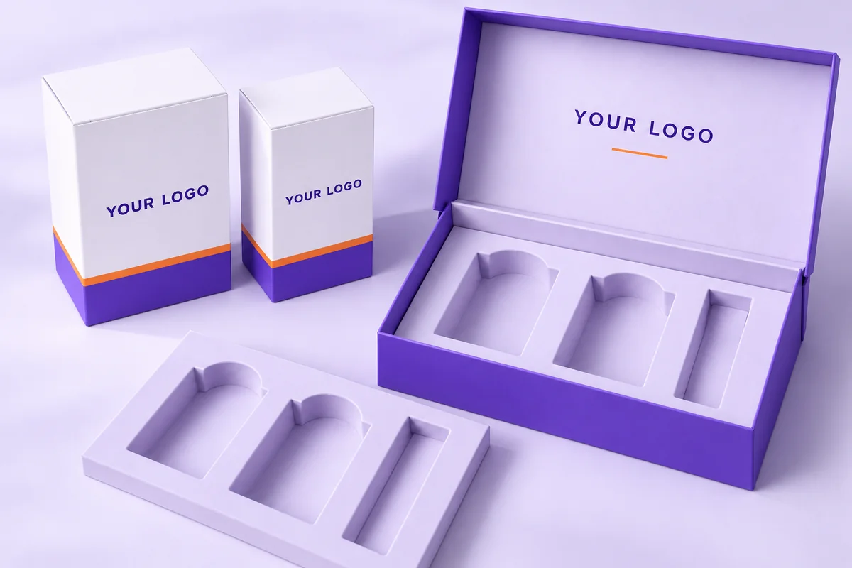 Cartons, gift boxes and inserts in purple and orange YOUR LOGO concept branding