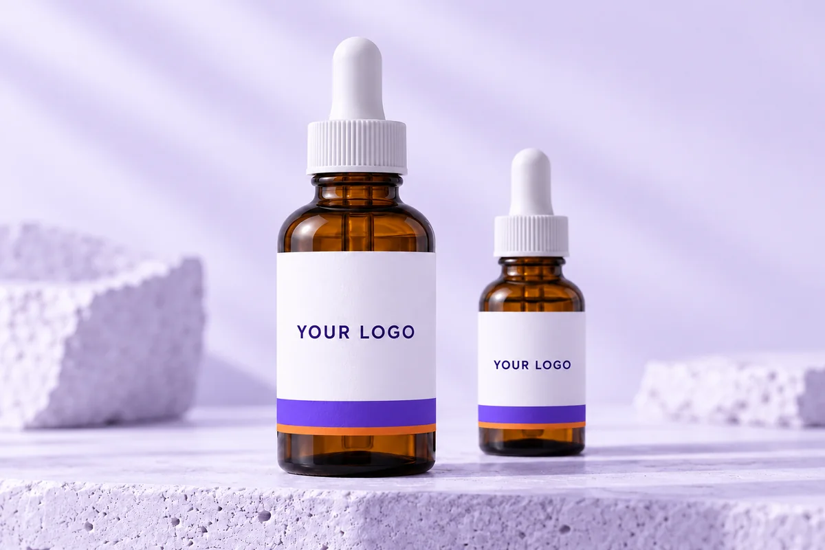 Dropper bottles in purple and orange YOUR LOGO concept branding