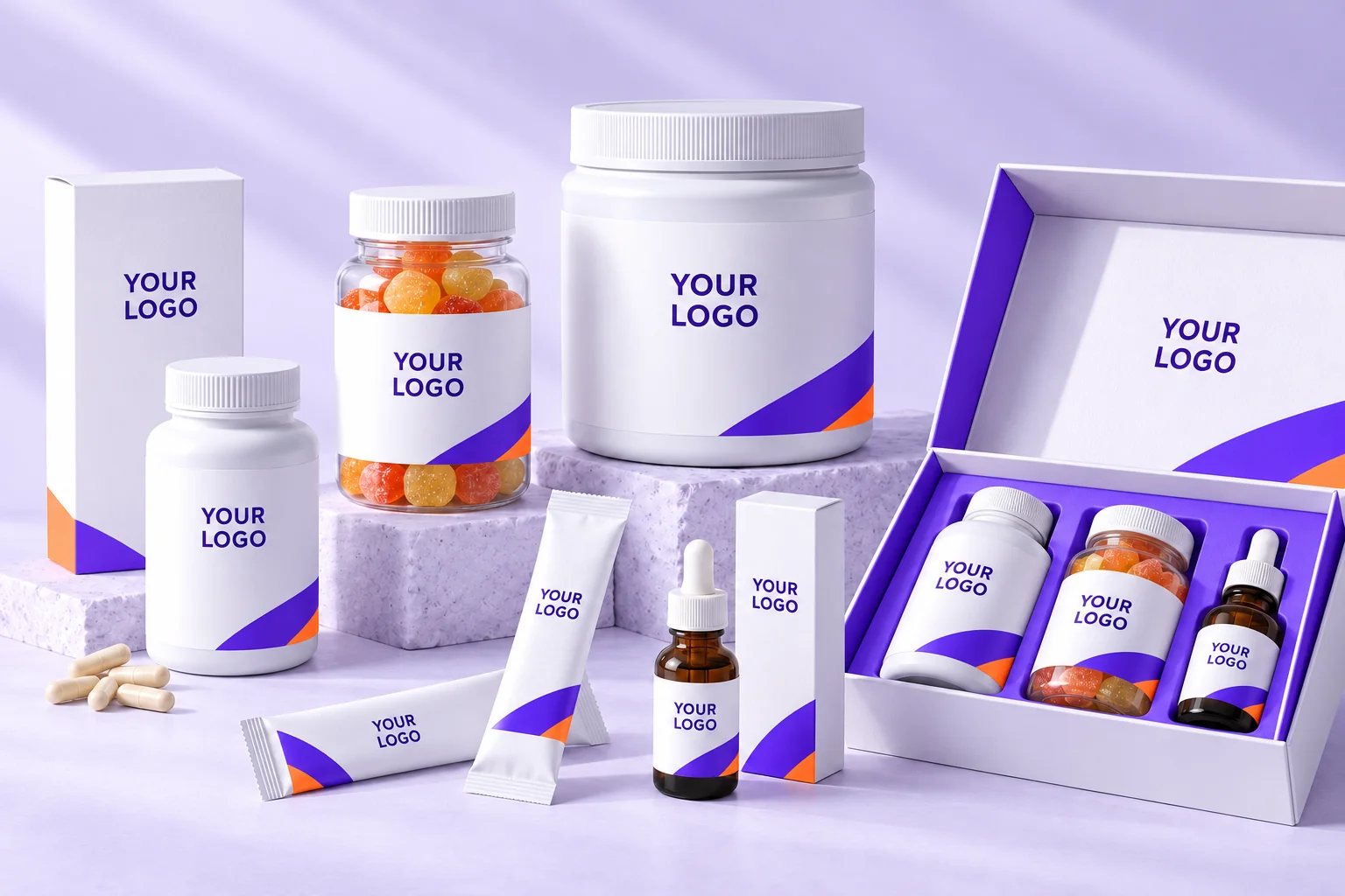 YOUR LOGO supplement packaging concepts: capsule and gummy bottles, powder tub, stick sachets, droppers, cartons and gift box with inserts