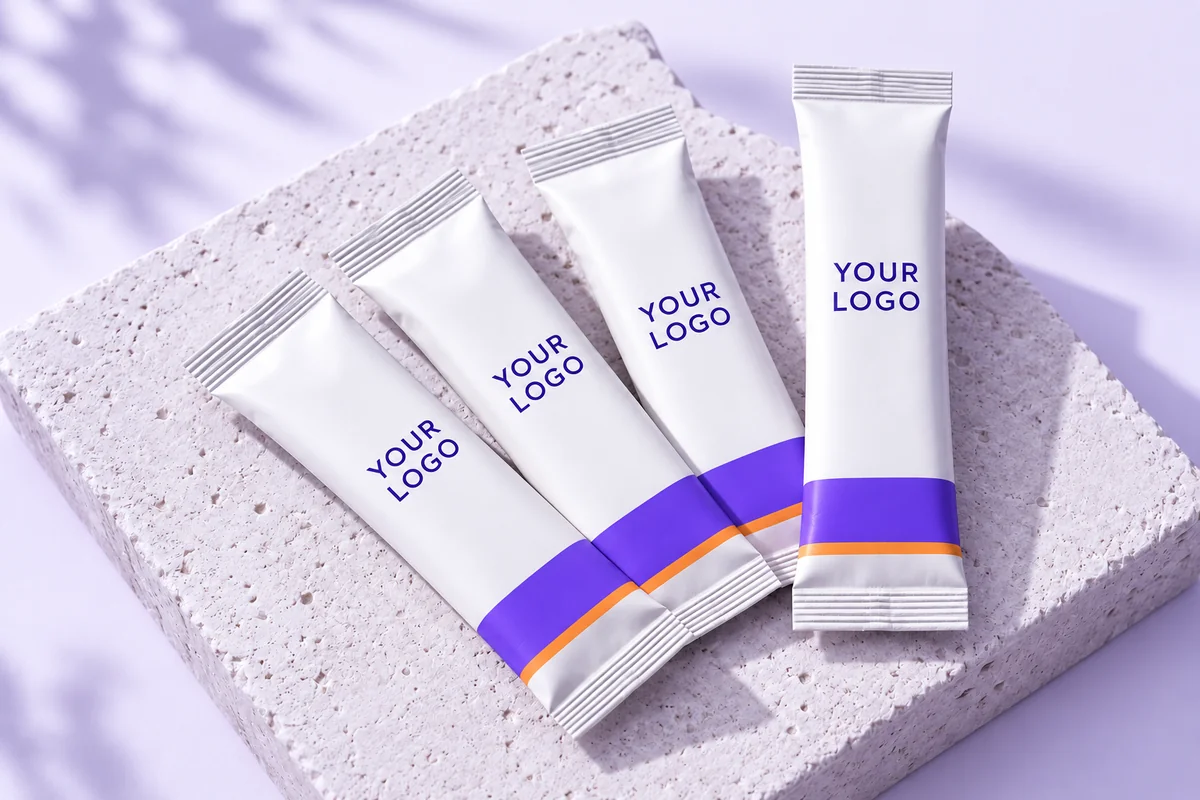 Stick sachets in purple and orange YOUR LOGO concept branding